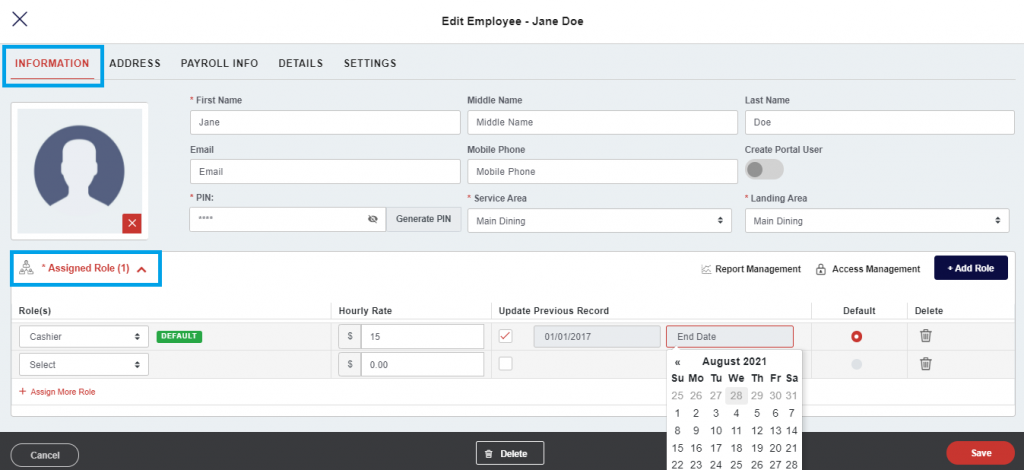 edit employee tab