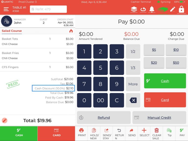 cash discount displayed on order screen