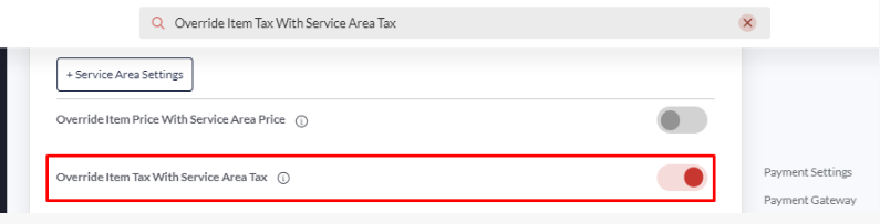 Override item tax with service area tax